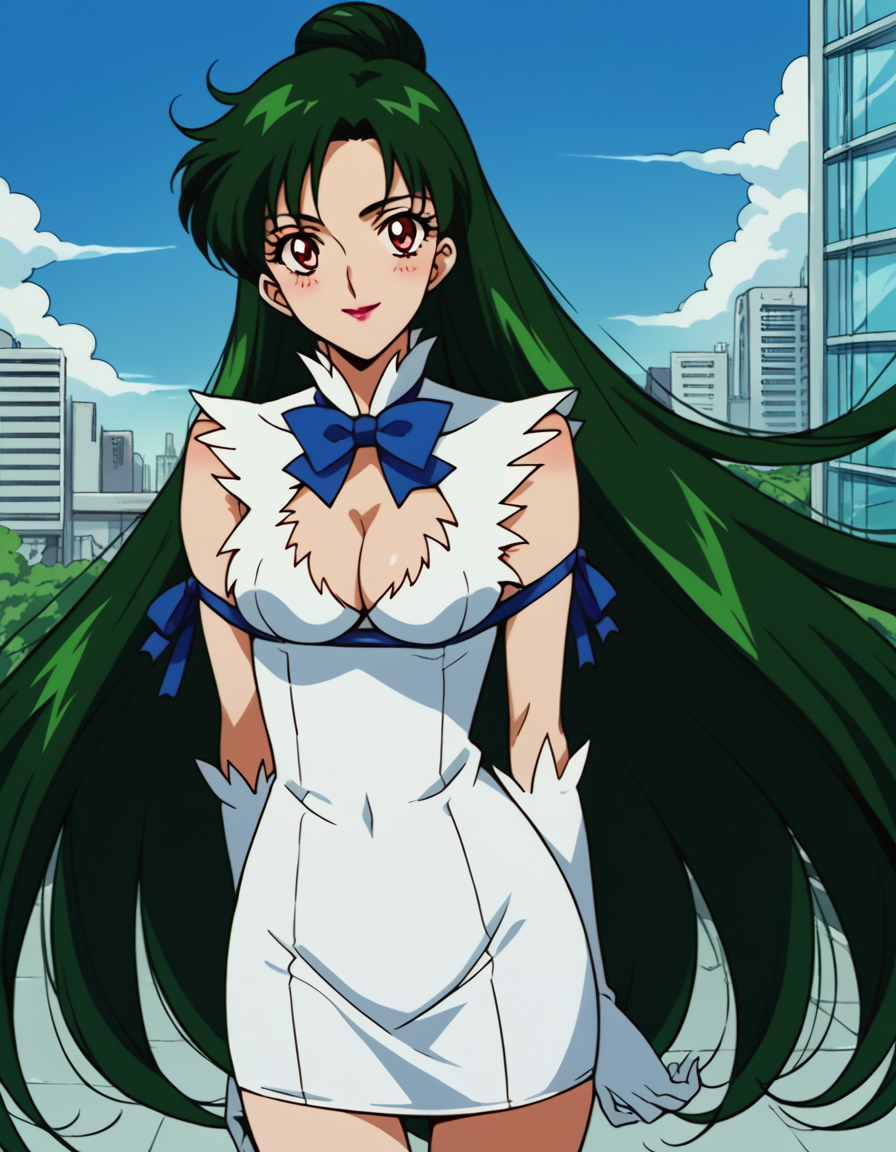 score_9, score_8_up, score_7_up, source_anime, <lora:setsuna-meiou-s3-ponyxl-lora-nochekaiser:1>, setsuna meiou, long hair, red eyes, very long hair, green hair, hair bun, single hair bun, maeup, lipstick,, <lora:hestia-cosplay-ponyxl-lora-nochekaiser:1>, hestiacosplay, hestia (danmachi) (cosplay), blue bow, blue bowtie, bow, bowtie, cleavage, cleavage cutout, clothing cutout, dress, gloves, pencil dress, rei no himo, short dress, white dress, white gloves, blue ribbon, arm ribbon,, outdoors, cityscape, street, smile, blush, , cowboy shot, dutch angle