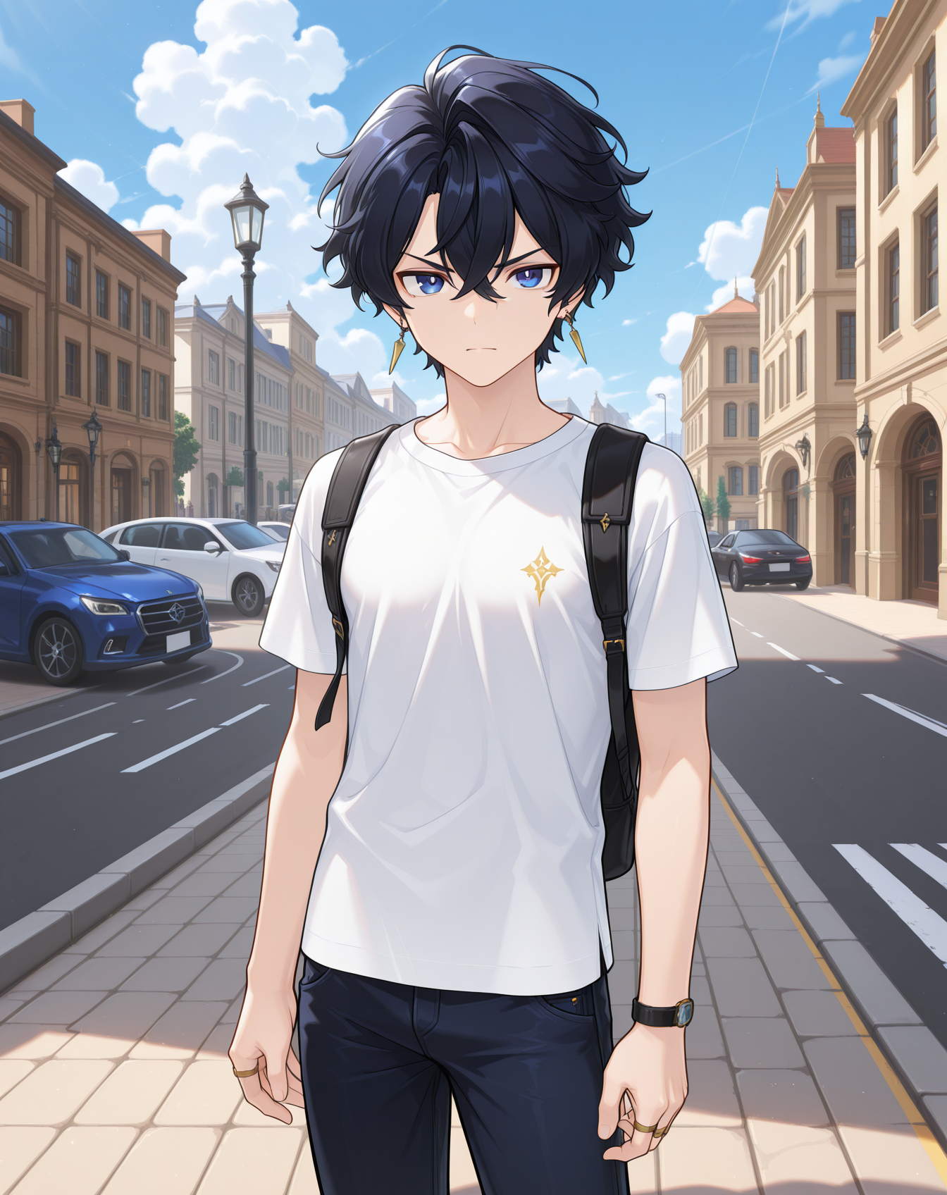 masterpiece,best quality,amazing quality, newest, very aesthetic, absurdres,
1boy, solo, yaoi, male focus, looking at viewer, cowboy shot, standing,
<lora:Noah_Celestia_ilxl:1>  noahcl, short hair, black hair, hair between eyes, blue eyes, crossed bangs, v-shaped eyebrows,
white shirt, jeans, sneakers,
outdoors, day, blue sky, building, street, road, lamppost, car,