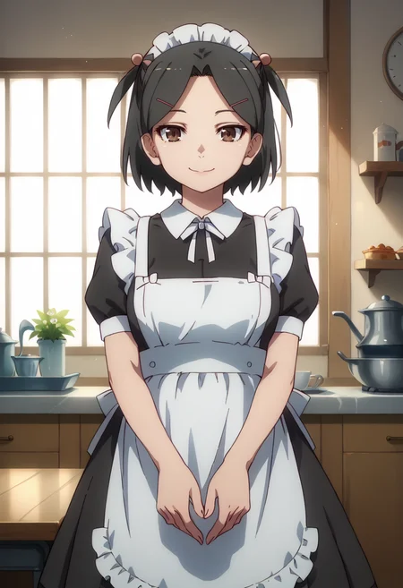 score_9, score_8_up,
1girl, <lora:SeikoOhki_OffSeason_PDXL:1>, seikoohki, hair ornament, brown eyes, black hair, short hair, hair bobbles, two side up,
apron, maid, 
(slight smile:0.9),
indoors