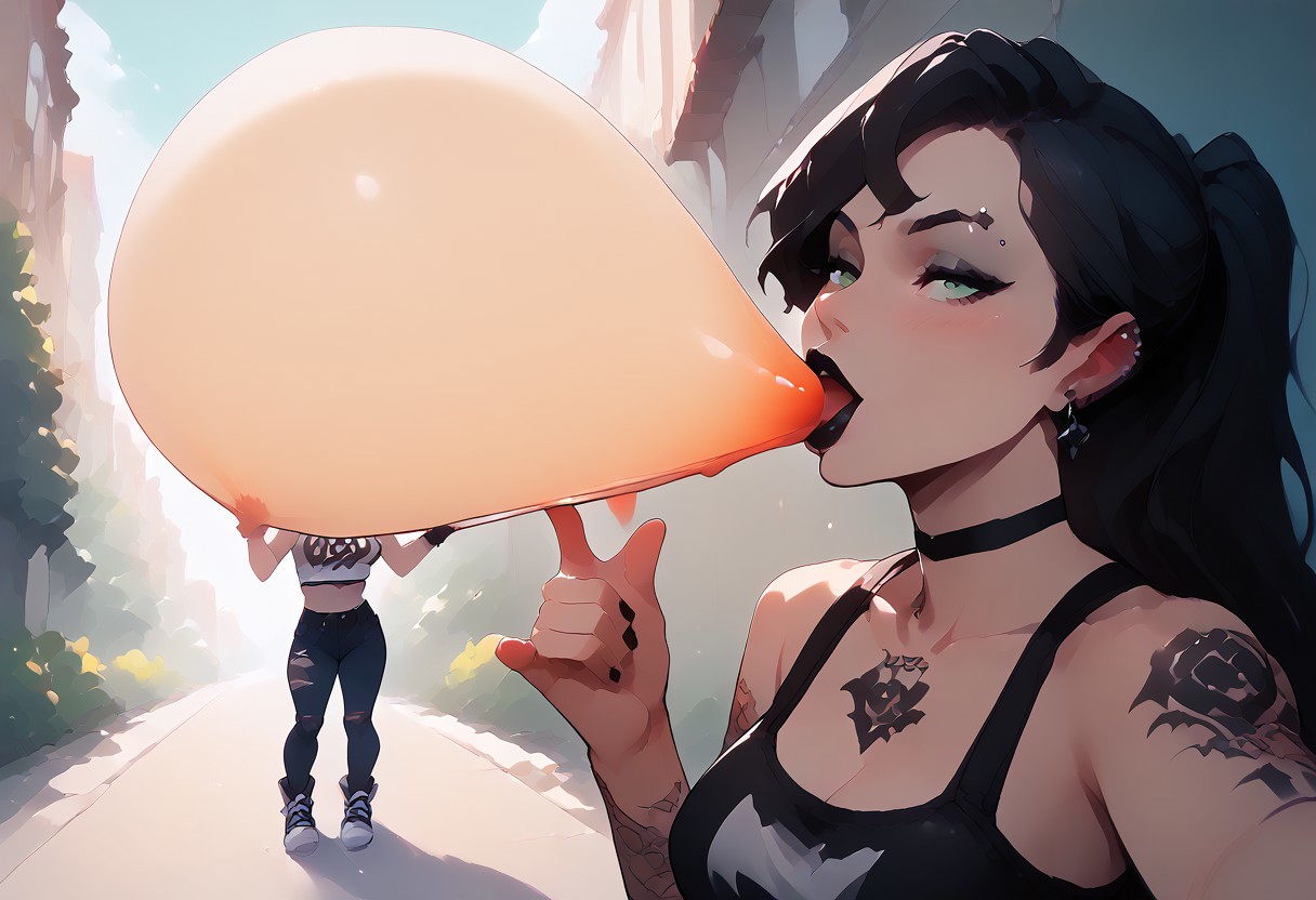 score_9, score_8_up, score_7_up, score_6_up, score_5_up, score_4_up, detailed,<lora:Smooth Anime Style LoRA XL:1>, g4n1m3, 2 girls, (((blowing up a huge balloon, overinflating))), f3mp0v, cunnilingus, naughty face, blush, black hair, long hair, windswept hair, black lipstick, ear piercings, goth, goth girl, green eyes, light skin, pale skin, petite, seductive look, blushing, medium natural breasts, sexy woman, mature woman, black tattoos covering body, black tattoos, solid black tattoos, tattoos on arms, tattoos on body, tattoos on legs, full body in shot, circular barbell nipple piercing, septum piercings, eyebrow piercing, Selfie, standing,