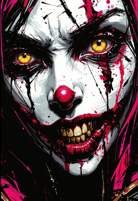 bo-neon, ArcaneFGTNR, a highly detailed digital artwork depicting a close-up of a person's face, likely a clown or clown, with a striking and intense expression, the subject's face is predominantly white, with bold, black and red graffiti-like patterns covering the entire surface, including horizontal and vertical lines, creating a chaotic yet striking design, the graffiti is predominantly black with gold accents, adding a sense of chaos and intensity, the person's eyes are large and expressive, with golden irises that stand out against the stark white background, their lips are full and slightly parted, revealing sharp, white teeth with a vivid red interior, dripping with blood, the texture of the graffiti appears rough and uneven, with some areas appearing darker than others, the background is a solid black, ensuring that the focus remains on the subject, the overall style of the artwork is highly stylized and hyper-realistic, with meticulous attention to detail and texture, making it a captivating and provocative piece of art, high quality, ultra detailed, colorful, grainy, cyberpunk fantasy<lora:boFLUX Abyss Neon.safetensors:0.8:0.8> <lora:ArcaneFGTNR.safetensors:1.0:1.0>