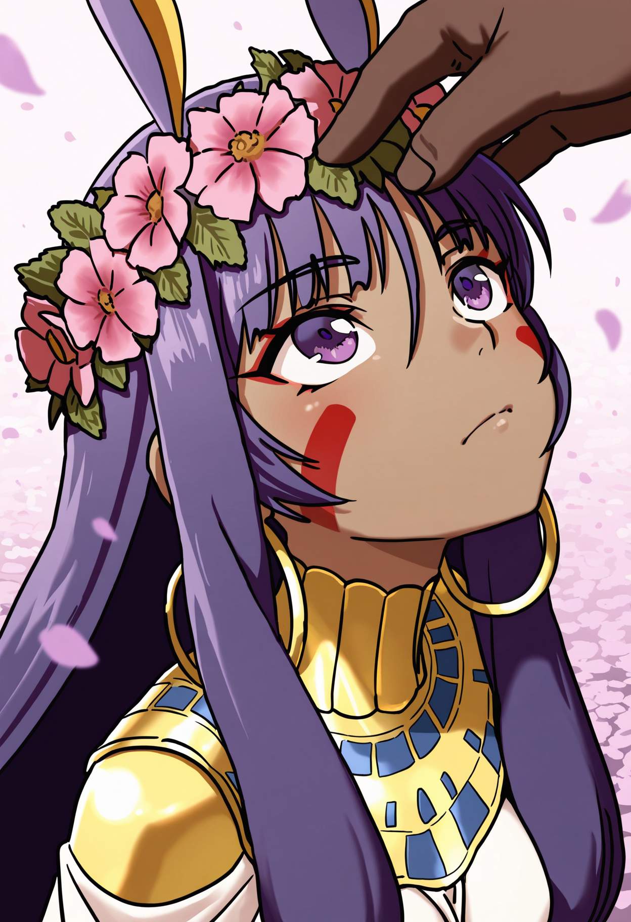 masterpiece,best quality,amazing quality,
dark skin, dark-skinned female, purple hair, nitocris (fate), hoop earrings, purple eyes, facial mark, long hair, jewelry, looking up, 1girl, earrings, flower, animal ears, hair ornament, bangs, petals, head wreath, closed mouth,
<lora:Drifter:1>