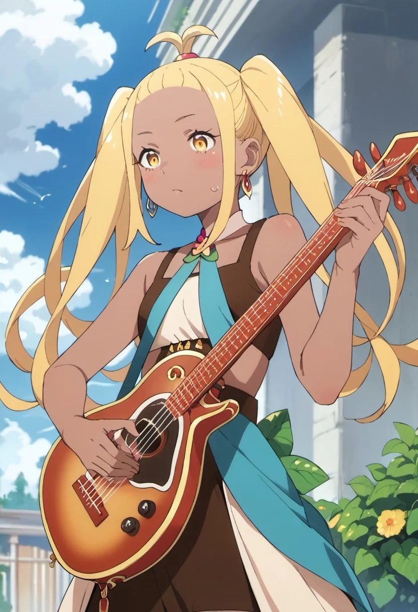 score_9, score_8_up, score_7_up, source_anime, liliana masquerade, long hair, blonde hair, dark skin, dark-skinned female, twintails, yellow eyes, 1girl, solo, instrument, guitar, jewelry, day, earrings, cloud, blush, outdoors