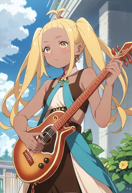 score_9, score_8_up, score_7_up, source_anime, liliana masquerade, long hair, blonde hair, dark skin, dark-skinned female, twintails, yellow eyes, 1girl, solo, instrument, guitar, jewelry, day, earrings, cloud, blush, outdoors