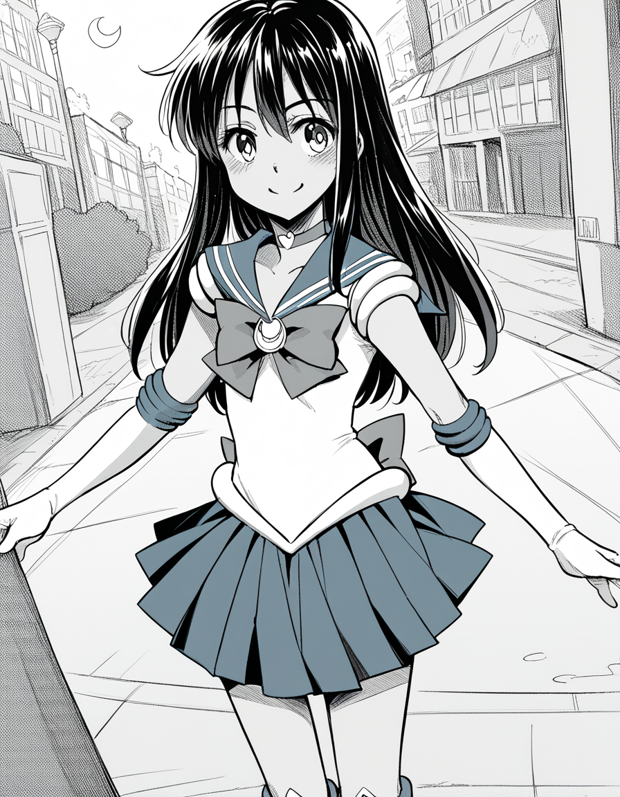 score_9, score_8_up, score_7_up, source_anime, sakiyoshida, <lora:saki-yoshida-manga-ponyxl-lora-nochekaiser:1>, saki yoshida, long hair, hair between eyes, monochrome, greyscale, black hair,, <lora:sailor-moon-cosplay-ponyxl-lora-nochekaiser:1>, sailormooncosplay, sailor moon \(cosplay\), back bow, blue sailor collar, blue skirt, boots, bow, brooch, choker, crescent moon, elbow gloves, gloves, jewelry, knee boots, magical girl, pleated skirt, red bow, red choker, ribbon, sailor collar, sailor senshi uniform, skirt, white gloves,,, outdoors, streets, smile, blush,, cowboy shot, dutch angle, solo,