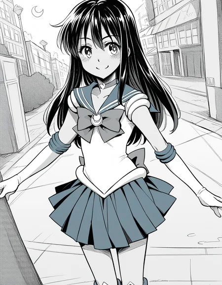score_9, score_8_up, score_7_up, source_anime, sakiyoshida, <lora:saki-yoshida-manga-ponyxl-lora-nochekaiser:1>, saki yoshida, long hair, hair between eyes, monochrome, greyscale, black hair,, <lora:sailor-moon-cosplay-ponyxl-lora-nochekaiser:1>, sailormooncosplay, sailor moon \(cosplay\), back bow, blue sailor collar, blue skirt, boots, bow, brooch, choker, crescent moon, elbow gloves, gloves, jewelry, knee boots, magical girl, pleated skirt, red bow, red choker, ribbon, sailor collar, sailor senshi uniform, skirt, white gloves,,, outdoors, streets, smile, blush,, cowboy shot, dutch angle, solo,