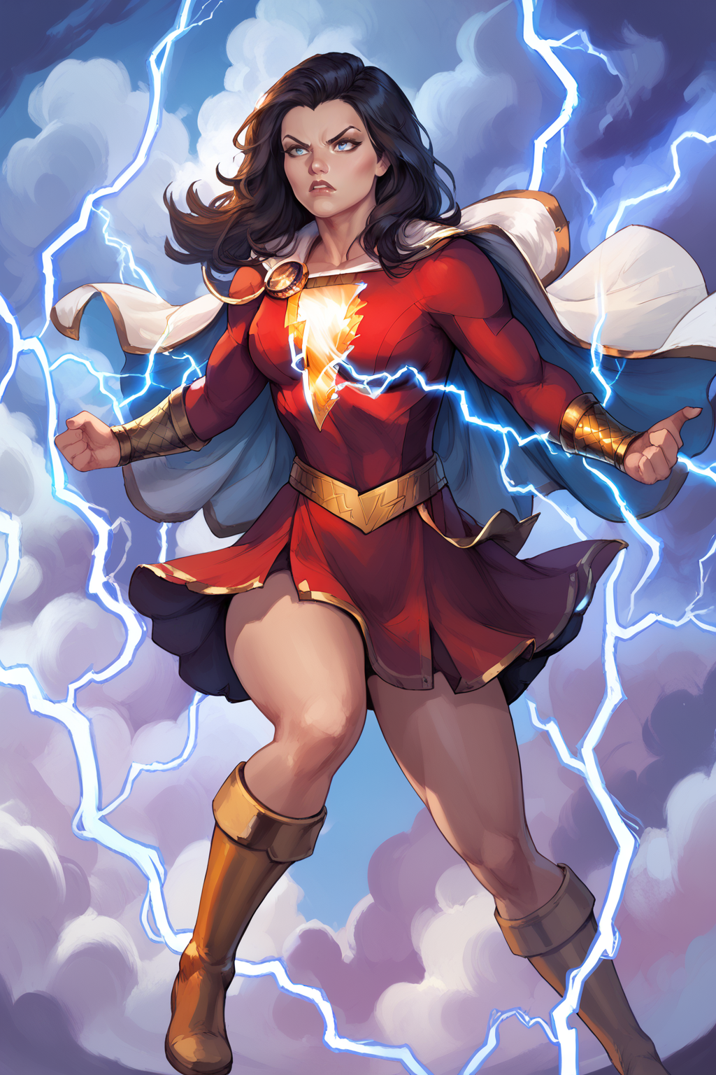 score_9, score_8_up, score_7_up, masterpiece, high quality, BREAK
 <lora:Mary MarvelPonyLoRA:1>mrymrvl, long hair, cape, top, long sleeves, bracer, belt, skirt, knee boots, (electricity, lightning, glowing, cloud, magic) angry, attack stance, flosting midair