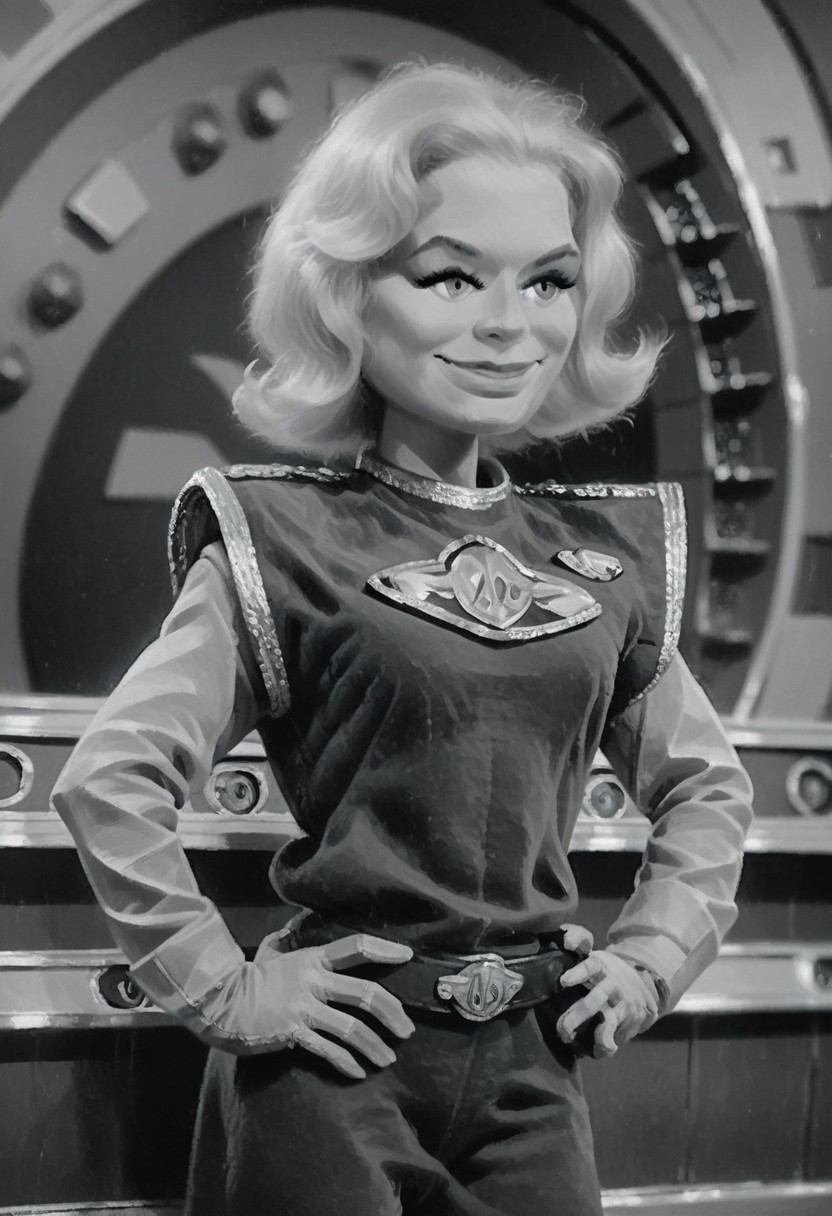 score_9_up, score_8_up, score_7_up, score_6_up, 1girl, solo, Venus_FXL5, short hair, uniform, boots, smile, hands on hips, on a spaceship, monochrome, greyscale, (realistic, painted art)