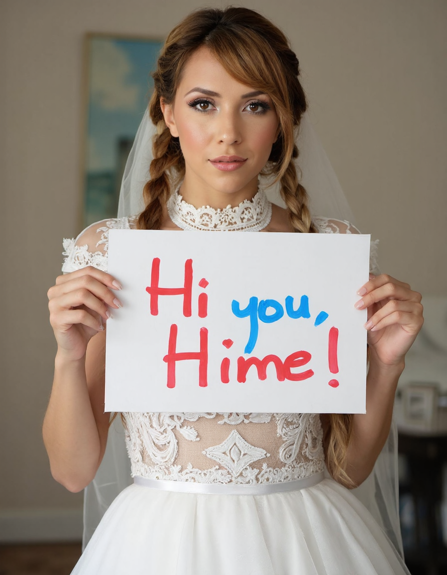 High quality photo of a beautiful woman in a high neck wedding dress, the bride is holding a sign with "Hi you, Hime!" in red and blue letters. She is looking at viewer