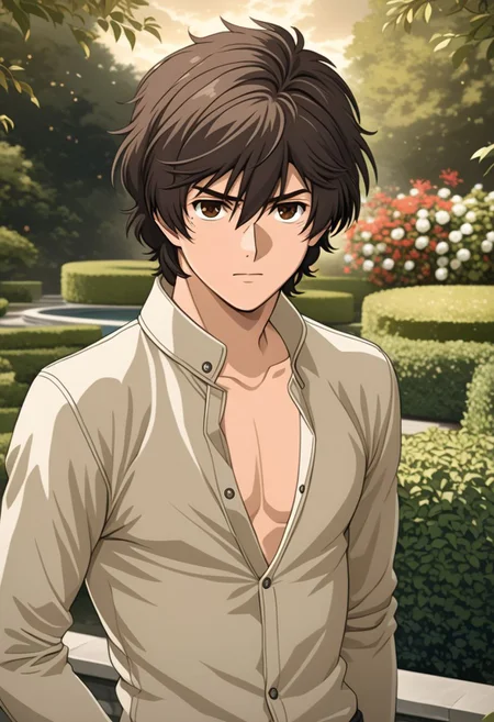 ASCIIbanagher_links, 1boy, male focus, solo, slim, thin waist, warm beige skin, brown hair,
open shirt,
glossy expressive eyes, big brown eyes, looking at the viewer,
in a royal garden,
masterpiece, best quality, ultra high res, intricate detail, clamshell warm lighting