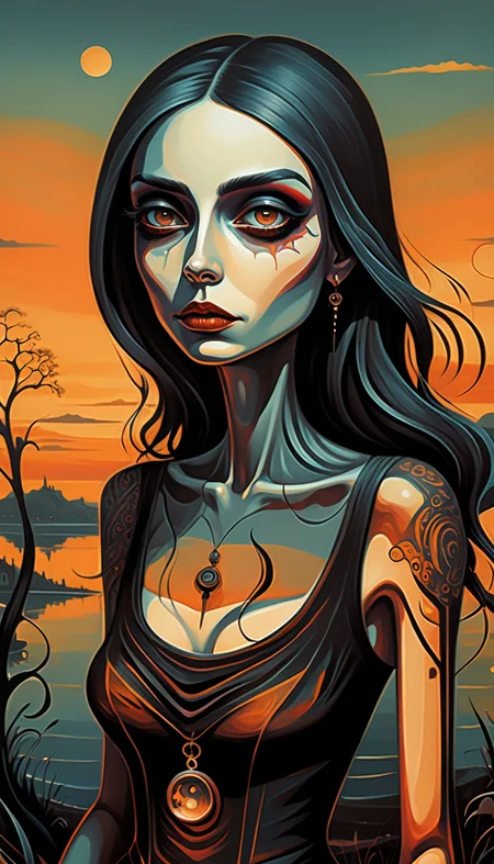 positiv Clip L: lowbrow art style, surreal, an award-winning, of a bautiful woman, positiv Clip G: lowbrow art style, surreal, an award-winning, of a skinny Gothic woman, sunset in the background,