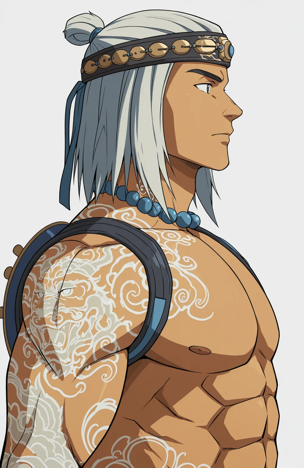 <lora:[Char - IL] Mortal Kombat - Liu Kang [Fire God ] (R1E07):1> mk_firegod_liukang, liukang_body,
muscular male,
upper body,
from side,
dynamic pose
simple background,
anime style, anime coloring,