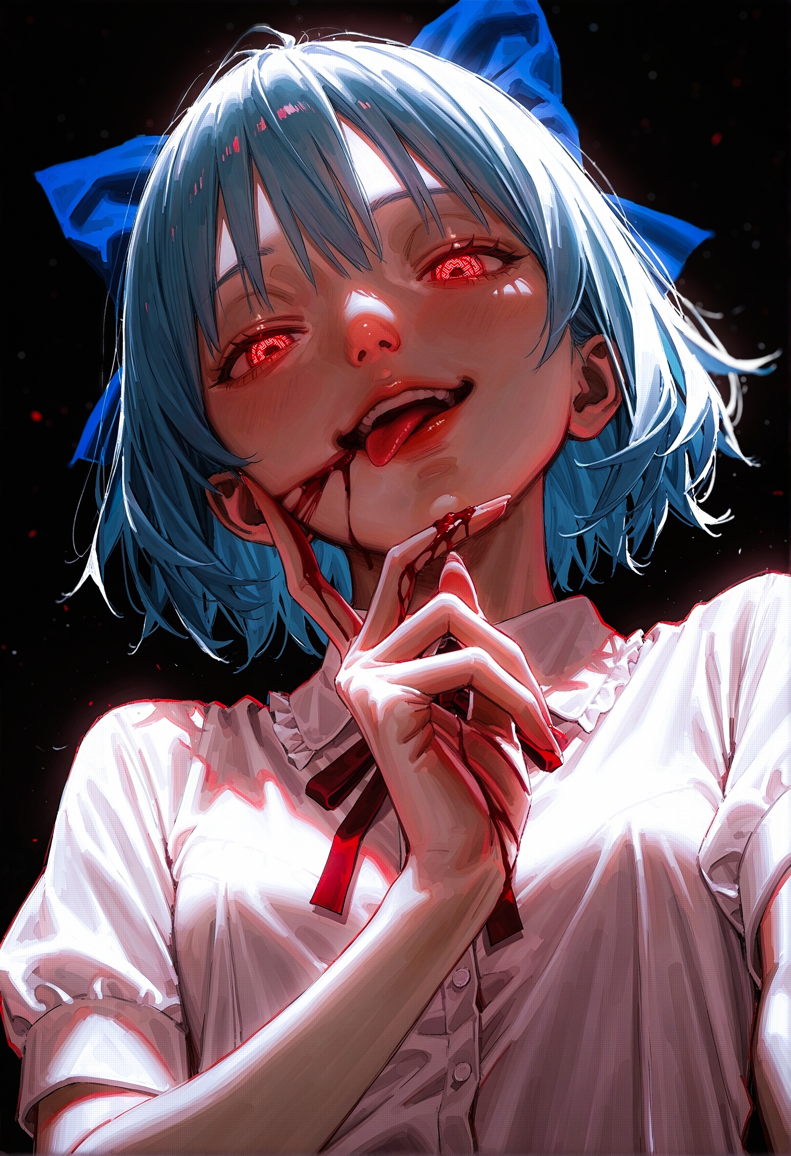 (by
akipeko 
:1.25), 
red theme,
<lora:nhl-002-nai:0.5> nhl-002, <lora:nhl-002-wai-20:0.7>, 
cirno,  portrait, half-closed eyes, looking at viewer, smug, portrait, white shirt,  head tilt, looking down, from below, breasts, yandere, reaching towards viewer, long fingers, dark theme, glowing eyes, 
ultra-detailed, nose, lips, scratching cheek, blood on fingers, licking finger, blue hair, 
black background, simple background, 
very awa, highres,