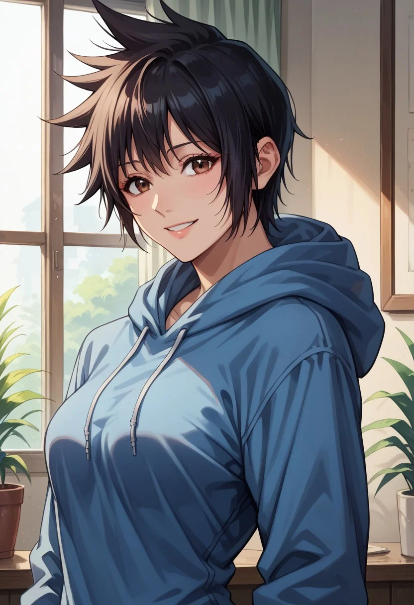anime artwork, score_9, score_8_up, score_7_up, score_6_up, score_5_up, solo, perfect eyes, detailed eyes, beautiful female, detailed face, dynamics lines, 20 year old, perfect beautiful face, long eyelashes, sharp eyes pupils, (room:1.3), (upper body:1.5), medium breasts, 1girl, black hair, short hair, spiked hair, bangs, brown eyes, blue hoodie, smile