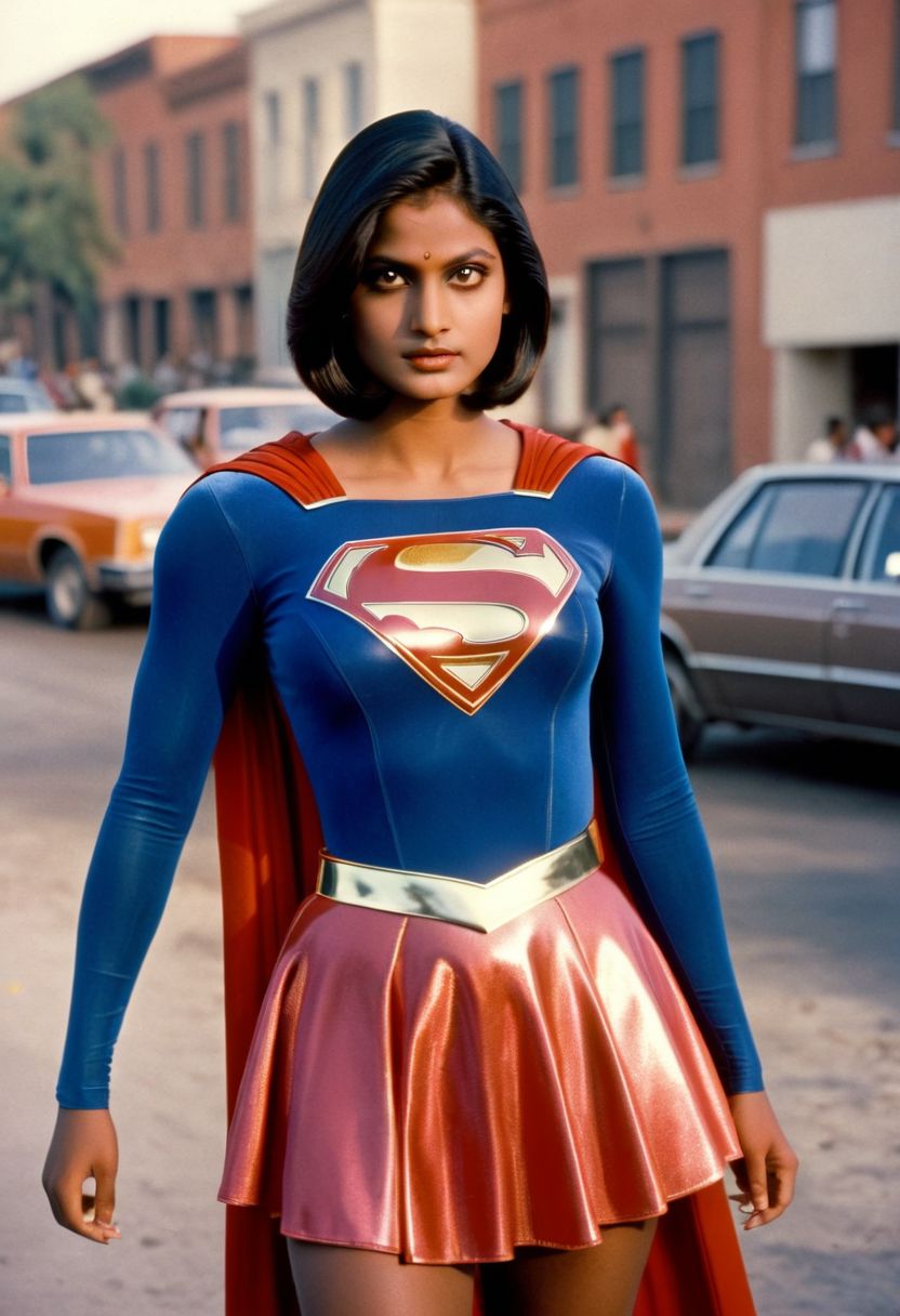 1980s Supergirl film costume, youthful raven-haired Tamil Supergirl, facing forward, shiny voluminous smooth straight side-parting short bob haircut, Supergirl film 1980s, ultra-realistic photo, Hyperdetailed photography, sharp focus