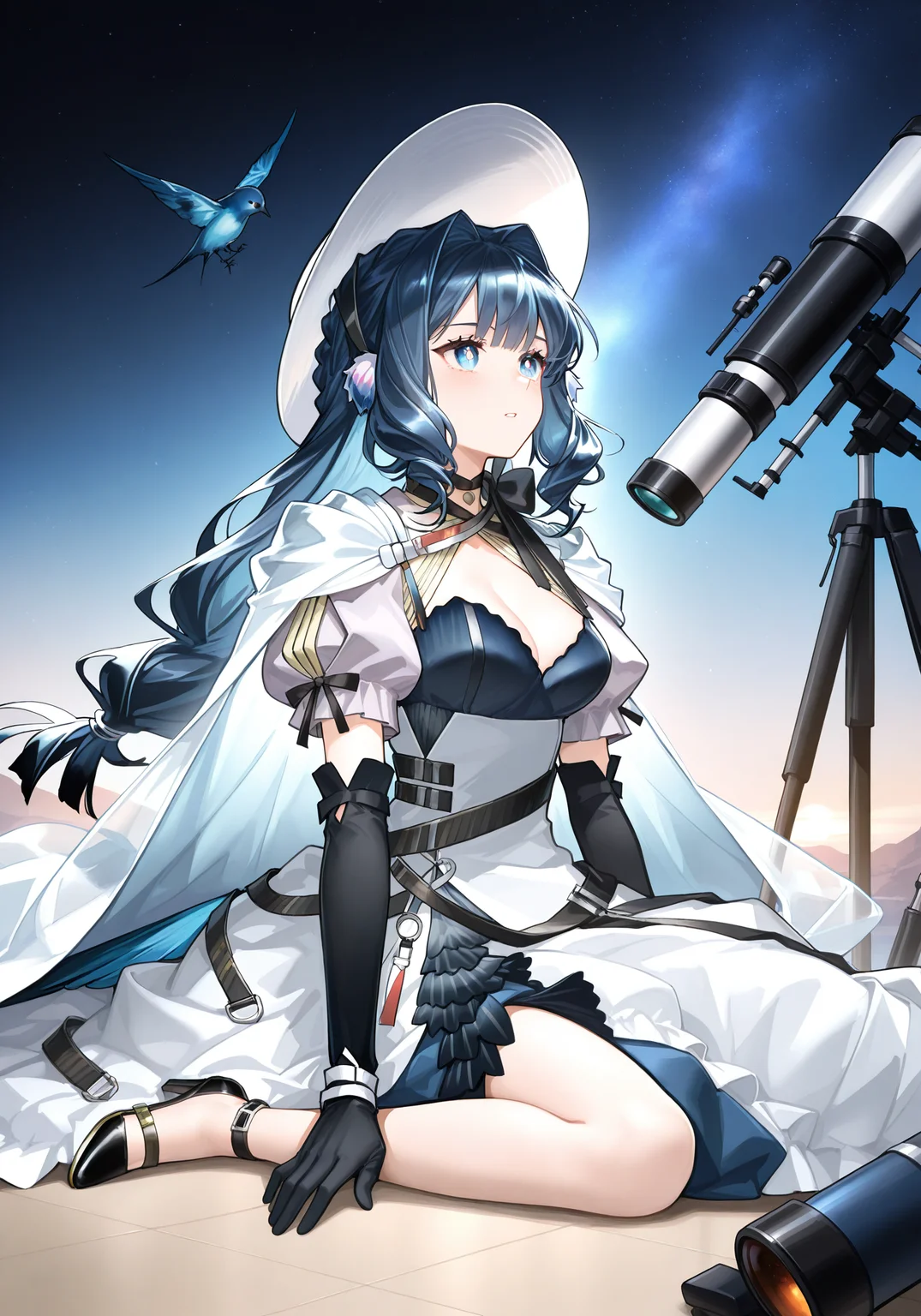 arknightsgame,arkbg,masterpiece,best quality,amazing quality,very aesthetic,high resolution,ultra-detailed,absurdres,
1girl,solo,Astesia,blue eyes,white pupil,bird tail,long hair,blue hair,bird girl,medium breasts,
astesia_\(starseeker\)_\(arknights\),multicolored dress,black strappy heels,black elbow gloves,black neck ribbon,wrist straps,white headwear,white cape,
dynamic pose,telescope,wariza,blue bird,
<lora:AstesiaILREV1.0-000003:1>,arkbg,<lora:ArknightsGameStyleILV1:0.8>,