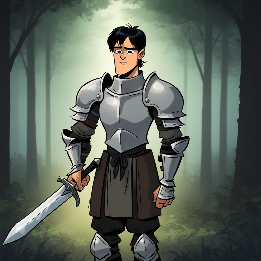 score_9_up, score_8_up, BREAK, punkeydoodles, punkeydoodles, 1boy, solo, black hair, short hair, black eyes, knight armor, holding sword,  <lora:PunkeyDoodles_Style_PXL_Leaf1:1>, forest,