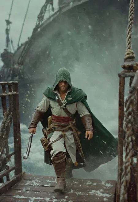 Dunken Fist, high kick, fight stance, Link from zelda resembling Obi-wan Kenobi dressed like Haytham Kenway in a hat and green cloak ,Standing on a galley amidst a seafight, He walks down the stairs of the bridge on a huge galley during a fiery sea battle. Close-up of his relaxed, determined expression as the ship virtually explodes around him, splinters of wood and sparks flying around, flying Wood and particles, looking at Viewer, marine theme, ethereal, atmospheric haze, Film grain, cinematic film still, shallow depth of field, highly detailed, high budget, cinemascope, moody, epic, OverallDetail, gorgeous, 2000s vintage RAW photo, photorealistic, candid camera, color graded cinematic, atmospheric lighting, skin pores, imperfections, natural, shallow dof,