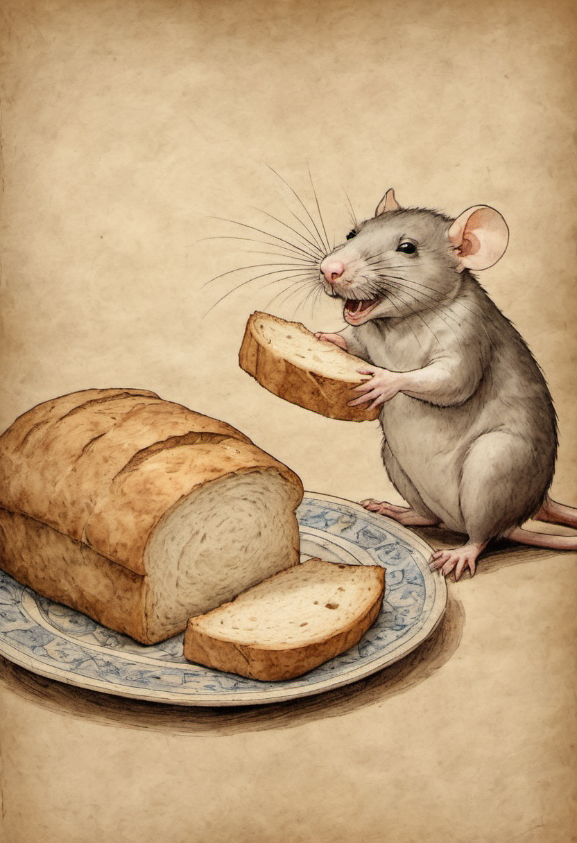 on parchment happy rat eating freshly baked bread loaf and one slice on a patterned plate