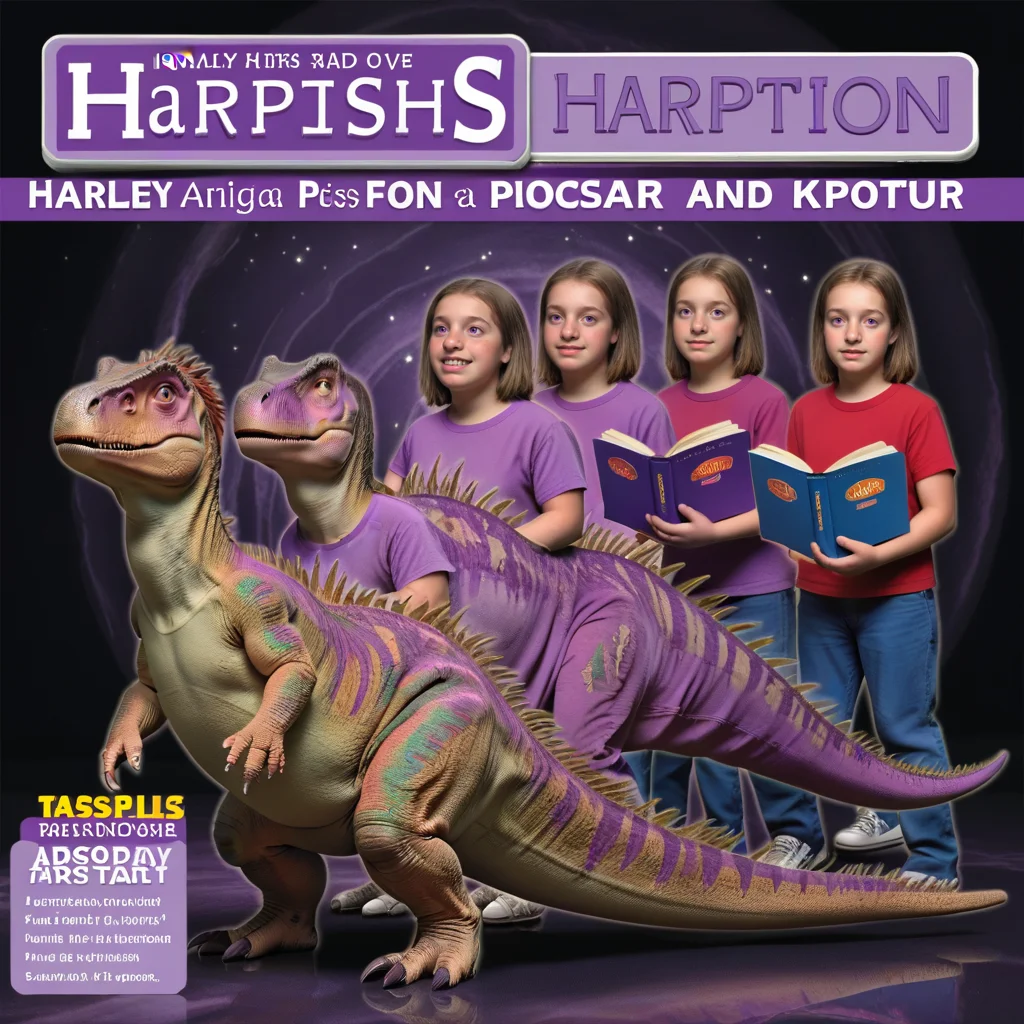 <lora:Animorph_-_pony:1> animorph, girl, morph, barney((purple, dinosaur, kids show)), left to right transformation, multiple people, 5 stage transformation, gradual transformation,  book cover,