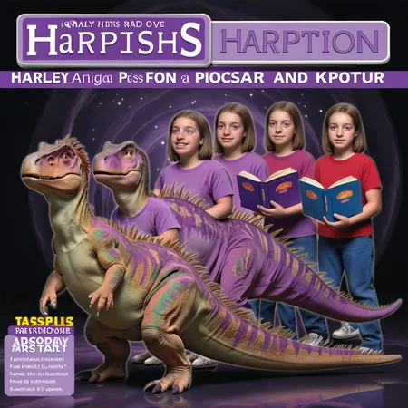 <lora:Animorph_-_pony:1> animorph, girl, morph, barney((purple, dinosaur, kids show)), left to right transformation, multiple people, 5 stage transformation, gradual transformation, book cover,