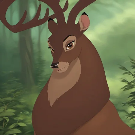 score_9, score_8_up, score_7_up, score_6_up, score_5_up, score_4_up, score_4, detailed face, detailed eyes, detailed fur, male, nature background, detailed background
BREAK
Great Prince of the Forest, GPotF, deer, buck, disney, antlers, brown fur, tan Markings, beige markings, brown eyes, brown eyelids, brown eyeshadow, eyeliner, black eyebrows, smiling, raised eyebrows
BREAK
Headshot
<lora:add-detail-xl:1.0>