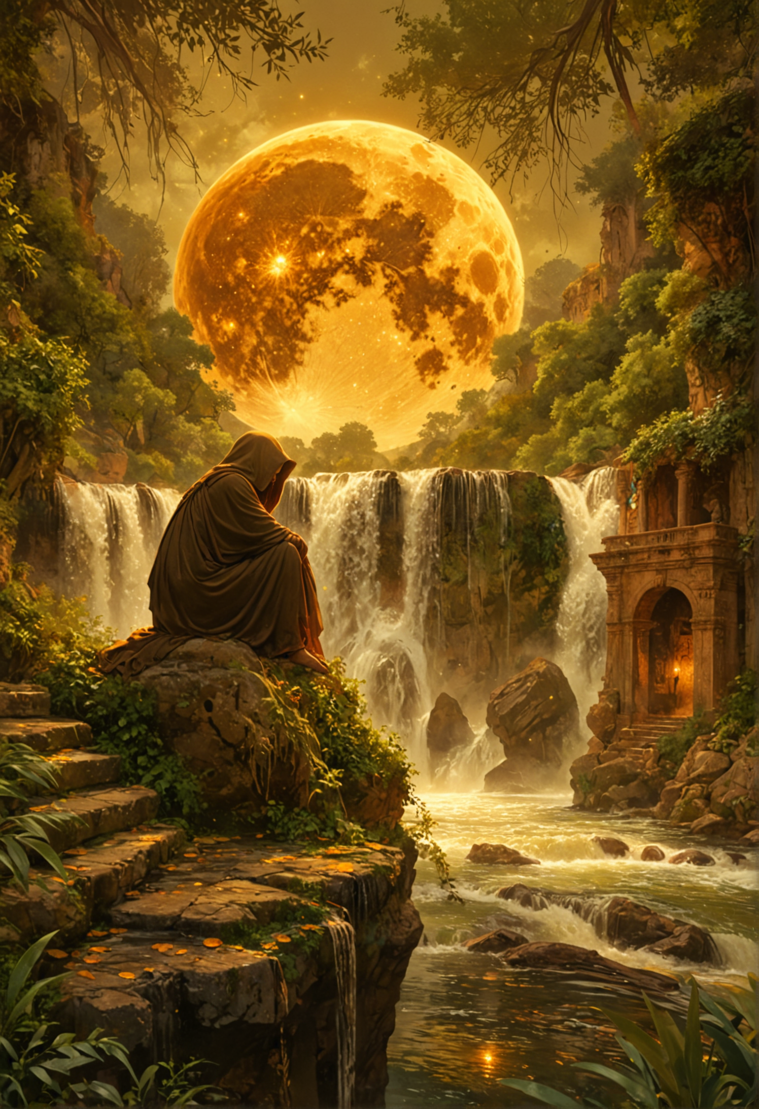 A cloaked figure in earthy tones of olive and brown sits pensively on the edge of a cascading waterfall, surrounded by lush greenery and ancient stone ruins, beneath a surreal oversized golden moon that bathes the scene in a mystical amber light, <lora:EpicF4nta5yXL:0.3>, <lora:Niji:0.8>, <lora:DetailMaximizer:0.3>