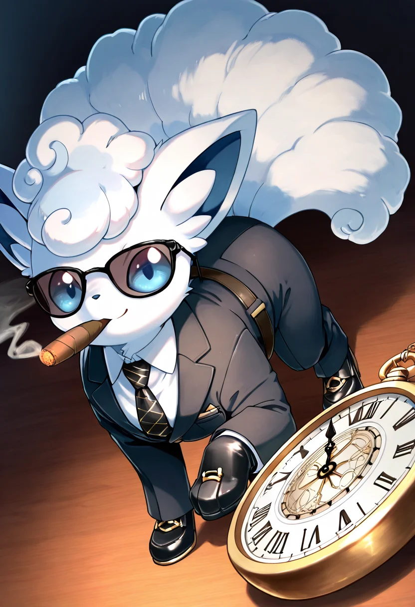 masterpiece, best quality, (no humans:1.1), solo, smile, looking at viewer, dynamic angle, foreshortening, close up,      zzVulpixA, fluffy, white fur,  ,<lora:VulpixAlolanPokedex_IXL_v1:1.0>,   [Don of the Syndicate], sharp, tailored black suit with a velvet finish, white dress shirt with a silk black tie, black leather gloves with gold rings, polished oxford shoes, gold pocket watch with intricate engravings, dark sunglasses, and a white silk handkerchief in the breast pocket, standing at a mahogany desk in a luxurious office, cigar in hand, exuding authority,