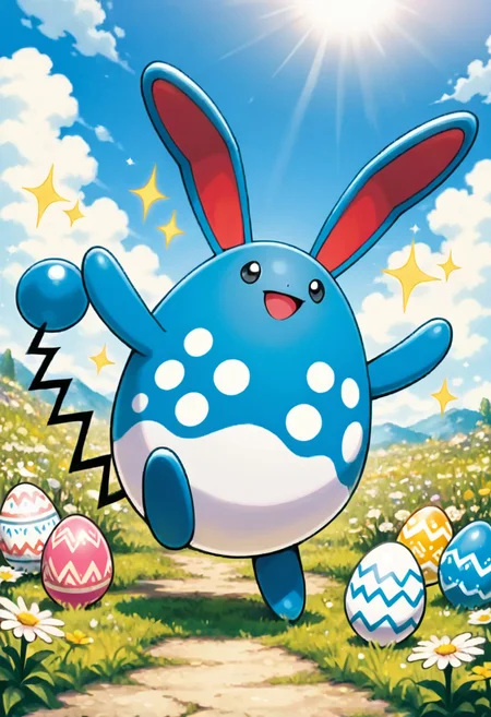 masterpiece, best quality,    <lora:AzumarillPokedexCardArt_IXL:0.8>,   zzAzumarill, smile, open mouth, full body, flower, :d, outdoors, sky, day, cloud, black eyes, blue sky, sparkle, happy, grass, (easter egg:1.2), lots of eggs