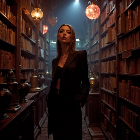 futuristic style neon noir surrealist art analog photography, analog photo, a bewitching beauty stands amidst shelves of ancient tomes and mystical artifacts, donning a striking modern elegant black women's suit. Amidst the magical library studio, she poses effortlessly, surrounded by worn grimoires, bubbling cauldrons, and an assortment of alchemy bottles and crafting witch tools. Soft candlelight casts a warm glow on her enchanting features as she gazes out, lost in thought among the mystical relics. Shot by Kodak Brownie. <lora:Riley_Voelkel:1> rileyv . dreamlike, mysterious, provocative, symbolic, intricate, detailed . cyberpunk, dark, rainy streets, neon signs, high contrast, low light, vibrant, highly detailed . sleek, modern, ultramodern, high tech, detailed