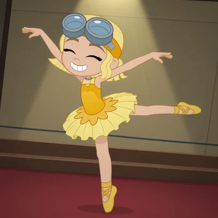 Lemon_Meringue, 1girl, solo, fair skin, short hair, honey-blonde hair, light green eyes, orange goggles, inventor goggles, yellow sleeveless tutu, (smile, dutch angle, ballet pose, arms out, opaque skirt, bare legs, eyes closed, ballerina jump, mid air, teeth, indoors, stage, spotlight, solo, full_body, head tilt)