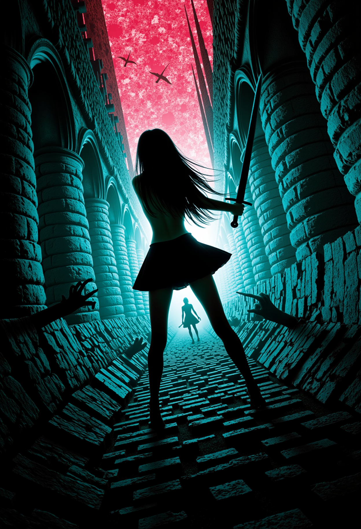 dynamic illustration depicting 1girl mcgee's alice madness returns in a surreal environment with striped gothic cathedral ruins and shards of stained glass made of lines floating through the air. She is wielding a glowing greatsword, swinging it at hordes of monstrous creatures crawling in the dark. The blade's glow is the main light source. The grimdark scenery is accentuated by an eerie red-pink light shining from above contrasting against the teal-cyan from below forming a gradient. The image is seen at a dutch angle emphasizing the dramatic impression. Chequered textures and geometric patterns are intertwined with biomorphic and organic surfaces.  <lora:flux\flux_lines-test> <lora:flux\flux_Wheres_Hieronymus>