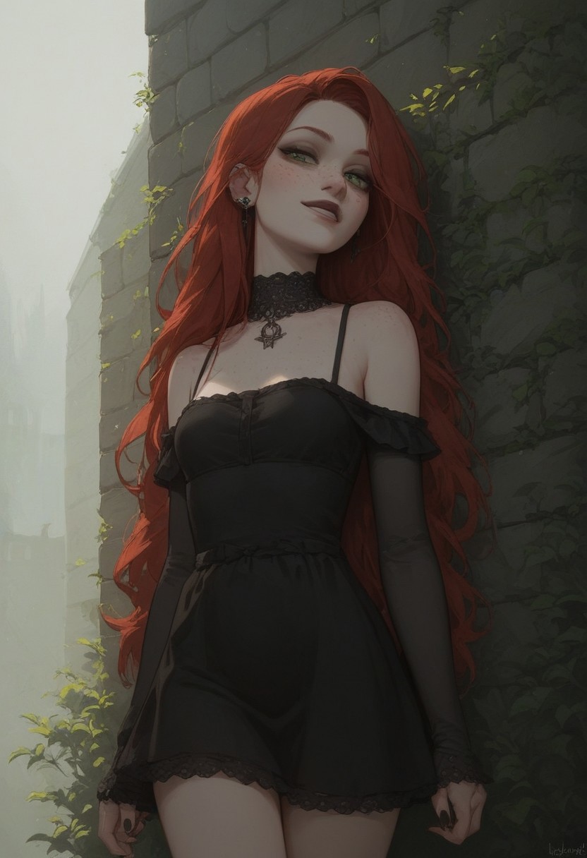 score_9, score_8_up, score_7_up, Expressive, 1girl, solo, red hair, long hair, freckles, green eyes, pale skin, small breasts, goth, seductive smile, black sundress, high res image, masterpiece, outdoors,
