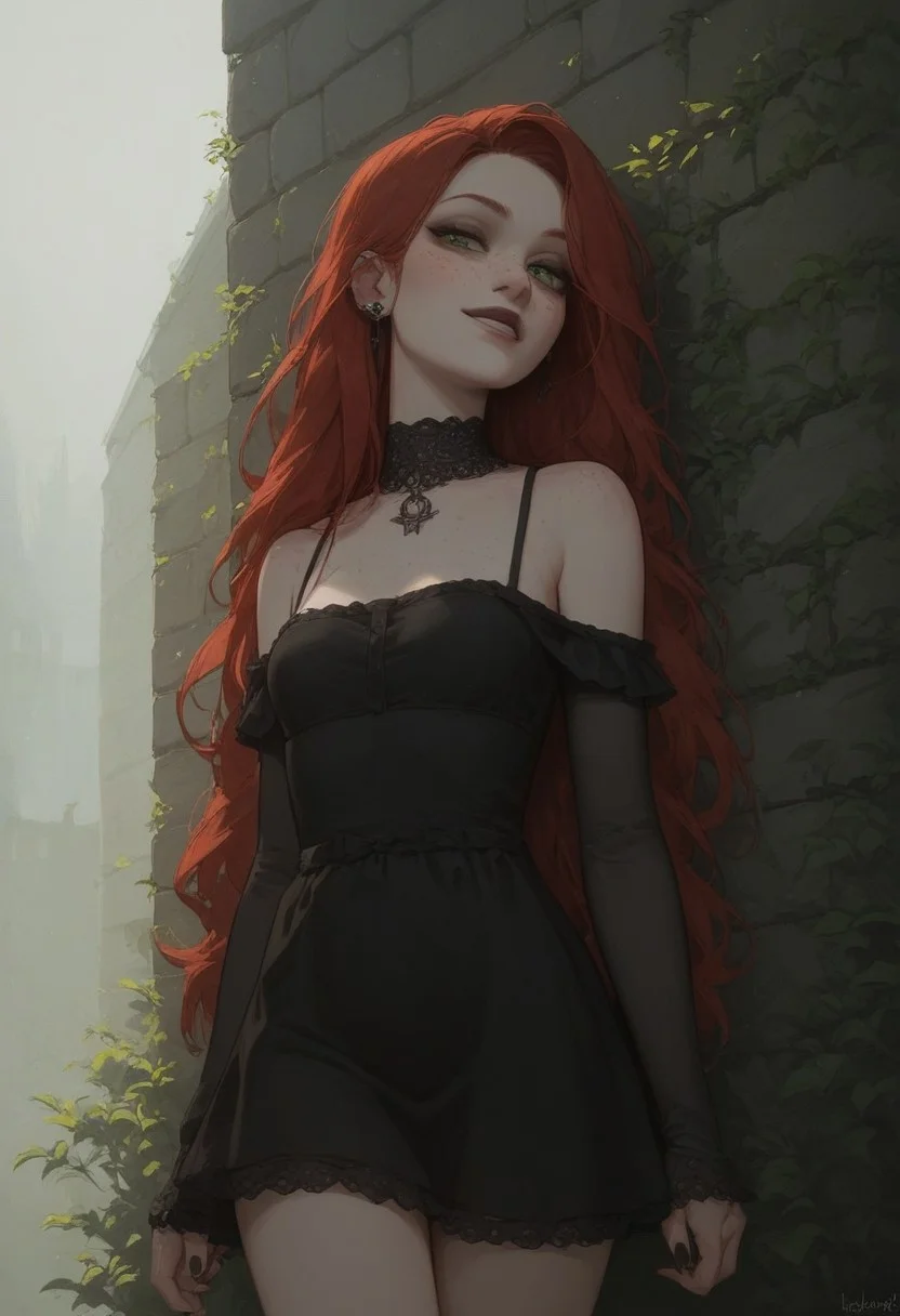 score_9, score_8_up, score_7_up, Expressive, 1girl, solo, red hair, long hair, freckles, green eyes, pale skin, small breasts, goth, seductive smile, black sundress, high res image, masterpiece, outdoors,
