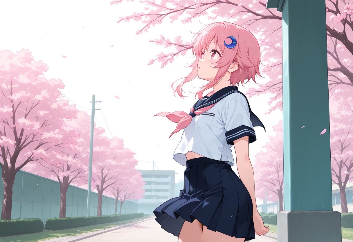 score_9,score_8_up,score_7_up,source_anime,best quality,masterpiece,uncensored, (1 girl solo, long sidelocks, curvy sidelocks, pink eyes, pink hair, petite, short girl, young, blue crescent hair ornament, hair ornament), school uniform, no hat, standing,wind, from side, dynamic pose, affection, parted lips, campus, detailed background, sunshine, cowboy shot, looking up, blossoms, students,