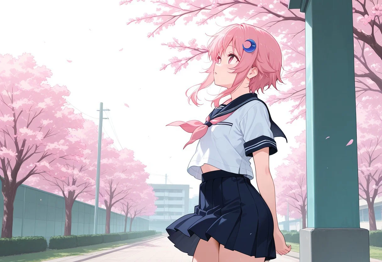 score_9,score_8_up,score_7_up,source_anime,best quality,masterpiece,uncensored, (1 girl solo, long sidelocks, curvy sidelocks, pink eyes, pink hair, petite, short girl, young, blue crescent hair ornament, hair ornament), school uniform, no hat, standing,wind, from side, dynamic pose, affection, parted lips, campus, detailed background, sunshine, cowboy shot, looking up, blossoms, students,