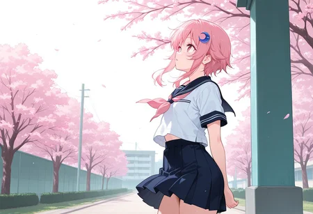 score_9,score_8_up,score_7_up,source_anime,best quality,masterpiece,uncensored, (1 girl solo, long sidelocks, curvy sidelocks, pink eyes, pink hair, petite, short girl, young, blue crescent hair ornament, hair ornament), school uniform, no hat, standing,wind, from side, dynamic pose, affection, parted lips, campus, detailed background, sunshine, cowboy shot, looking up, blossoms, students,