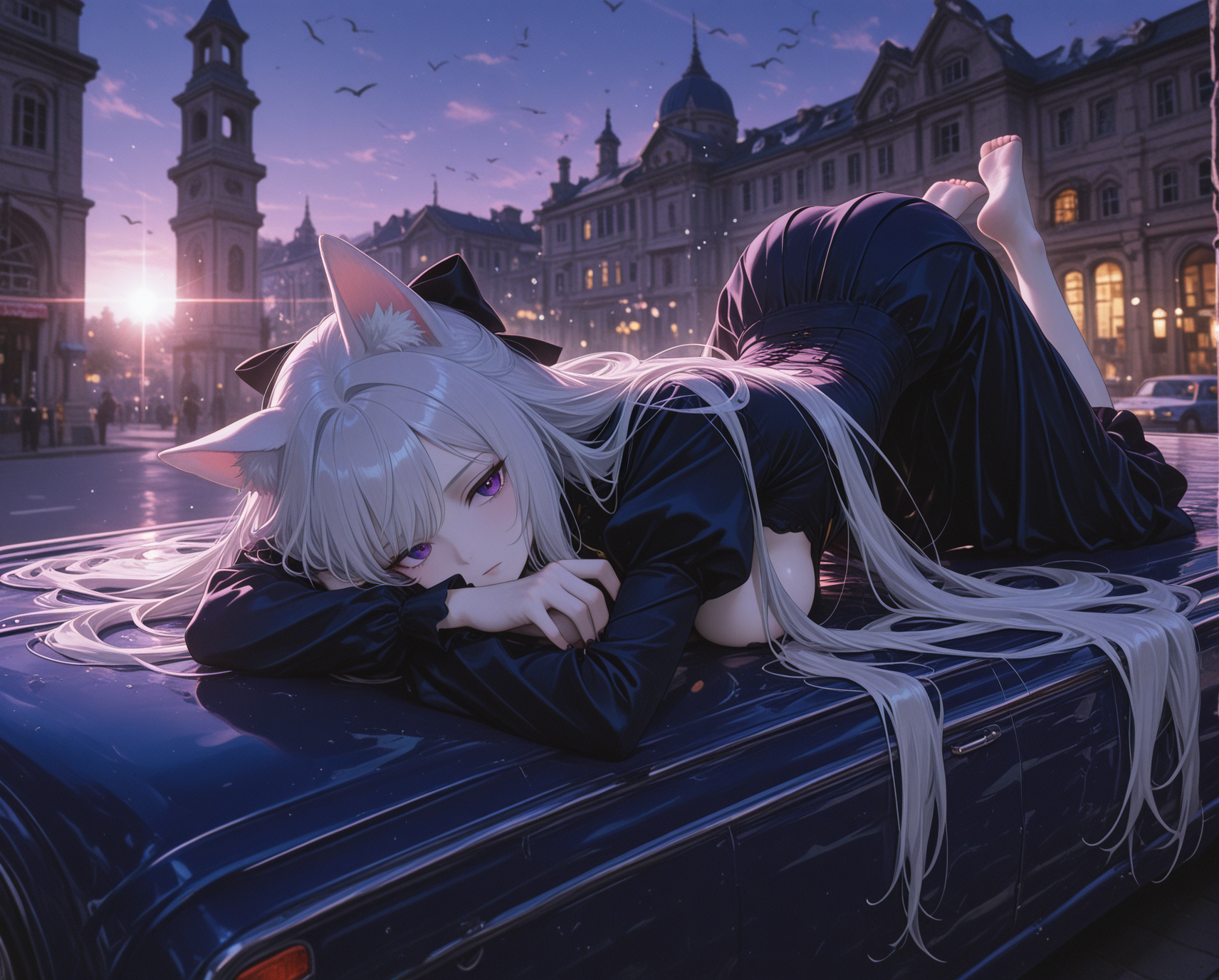 masterpiece, best quality, ultra-detailed, absurdres, newest, anime, motion_lines:1.1, motion_blur:1.1,depth of field,very aesthetic,8K, absolutely eye-catching, ambient occlusion,

1girl, wolf_ears, very long hair, Silver hair,Rapunzel-length, medium breasts, hanging breasts,statuesque body,pale skin,nail_polish,long_nails,barefoot,,puffy_sleeves, bubble_skirt, flats, hair_bow, 1950s American Main Street with vintage storefronts and classic cars

BREAK
cloud_kingdom, heavenly_glow, wispy_shadows, floating_contours, airy_details, sky_view, Indigo Theme
BREAK
giant weapon,Crocodile pose - Lying on stomach with head resting on folded arms, feet slightly apart with toes turned in,{lens flare|torchlight, Bird's eye view