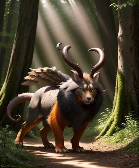 furry creature, long ears, horns, feathered wings,pokemon, orange fur, realistic, fluffy, paws, green eyes, realistic hd <lora:silavra:0.6> artstyle, (extremely detailed CG unity 8k wallpaper), full shot body photo of the most beautiful artwork in the world, medieval armor, professional majestic oil painting, trending on ArtStation, trending on CGSociety, Intricate, High Detail, Sharp focus, dramatic, photorealistic painting art, forest, sunrays