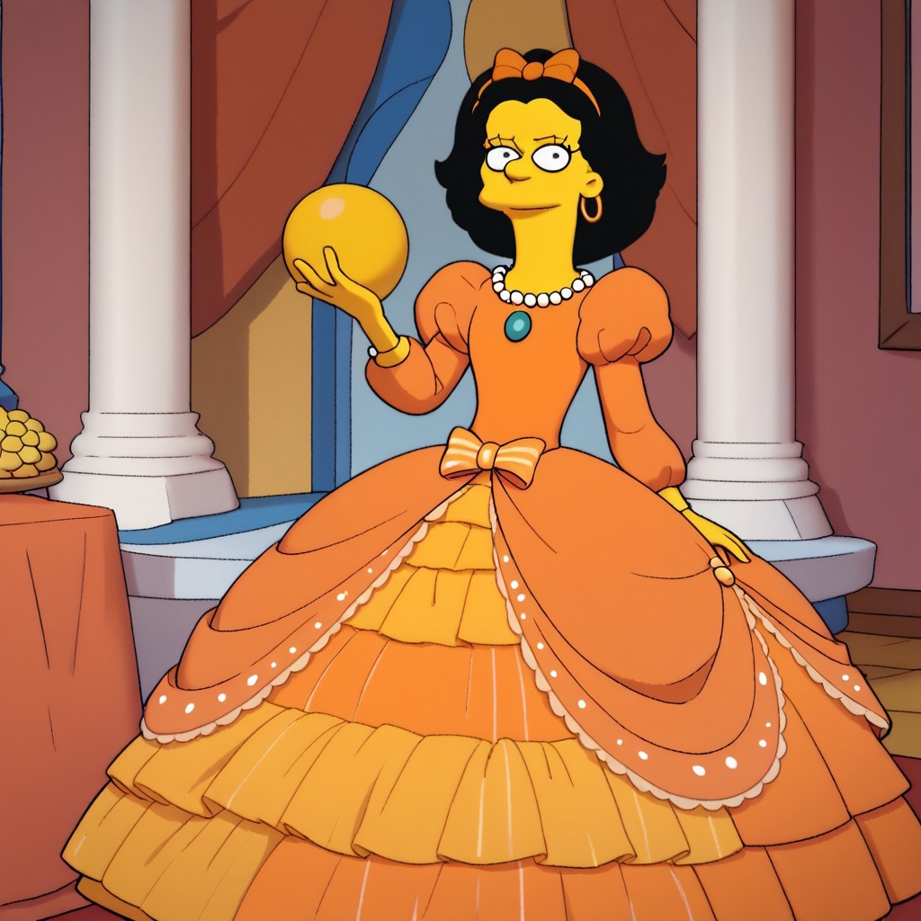 score_9, score_8_up, score_7_up, score_6_up, ballroom, castle ballroom, g1na v3ndetti, multicolored hair, black hair, pink hair, two-tone hair, solo, 1 girl, simpsons, orange hairband with bow, huge orange rococo princess ball gown hoop skirt, huge pannier skirt, ball gown hoop skirt, orange princess dress, hoopdress, my big princess gypsy wedding dress, ballgown, Ba11g0wn, puffy sleeves, long sleeves, a girl in a dress posing for a picture, looking at viewer and smiling,