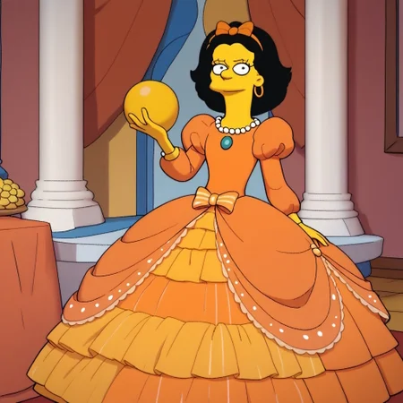 score_9, score_8_up, score_7_up, score_6_up, ballroom, castle ballroom, g1na v3ndetti, multicolored hair, black hair, pink hair, two-tone hair, solo, 1 girl, simpsons, orange hairband with bow, huge orange rococo princess ball gown hoop skirt, huge pannier skirt, ball gown hoop skirt, orange princess dress, hoopdress, my big princess gypsy wedding dress, ballgown, Ba11g0wn, puffy sleeves, long sleeves, a girl in a dress posing for a picture, looking at viewer and smiling,