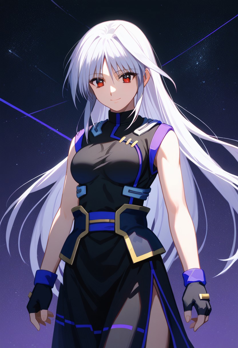 score_9, score_8_up, score_7_up, source_anime, 1girl, solo, Reinforce, long hair, white hair, single hair intake, red eye, long dress, black dress with purple trim, side slit, black gloves with purple trim, fingerless gloves, black corset with gold trim, sleeveless dress, bare shoulders, standing, smiling