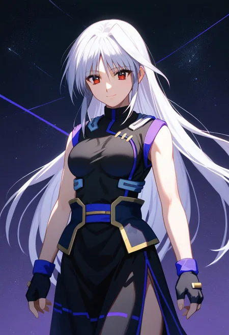 score_9, score_8_up, score_7_up, source_anime, 1girl, solo, Reinforce, long hair, white hair, single hair intake, red eye, long dress, black dress with purple trim, side slit, black gloves with purple trim, fingerless gloves, black corset with gold trim, sleeveless dress, bare shoulders, standing, smiling
