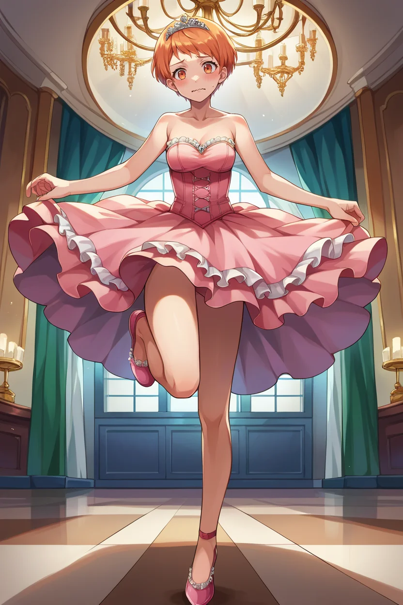 score_9, score_8_up, score_7_up, score_6_up, source_anime BREAK 1girl, solo <lora:leonie-pdxl-nvwls-v1-000005:0.9> defLeonie, short hair, orange hair, orange eyes, pink dress, frills, tutu, lace trim, ballet shoes, looking at you, blush, wavy mouth, crystal tiara, standing on one leg, indoors, ballroom, chandelier, corset, strapless