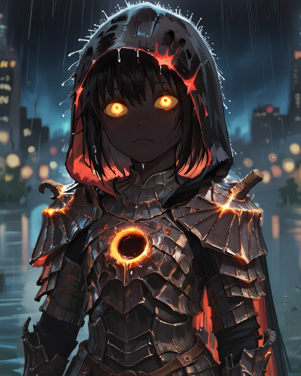 score_9, score_8_up, score_7_up, realism, blurred background, bokeh, night, city, 1girl, solo, yellow eye, black skin, glowing eye, neon, rain, black blood, eveyuno, stars, black background, from bellow, <lora:eveyuno:0.8>, heavy-rain, rain, wet, black hood, ringedknight, glowing torso, armor, <lora:ringedknight:0.7>