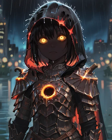 score_9, score_8_up, score_7_up, realism, blurred background, bokeh, night, city, 1girl, solo, yellow eye, black skin, glowing eye, neon, rain, black blood, eveyuno, stars, black background, from bellow, <lora:eveyuno:0.8>, heavy-rain, rain, wet, black hood, ringedknight, glowing torso, armor, <lora:ringedknight:0.7>