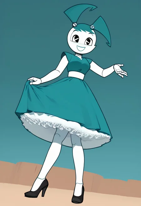 (Masterpiece, best quality:1.2), score_9, score_8_up, flat color, flat shading, soft shading, lighting, Jenny Wakeman as an adult, in a 1950's full length formal blue skirt, a white belt, button down v-neck formal black top, a fluffy frilly ruffled full white petticoat, and black high heels, dress, layered petticoat, frilly petticoat, fluffy petticoat, full petticoat, detailed petticoat ((wide skirt, detailed outfit, flowing skirt, long skirt, solid blue colored skirt, black high heels)), blue hair, series accurate, cute, best high quality, high res, robot, humanoid robot, medium breasts, whole body shot, 1girl, ((solo, outdoors, looking at you, low angle)), cute, seductive, seductive smile, half lidded eyes, low angle shot, cartoon, cartoon style, vector, solo, circle dress, 1950s, whisperfoot_style, dance dress jenny, jenny wakeman, 1girl, solo, robot joints, black eyes, white skin, ponytail, hair bow, blue rose chest corsage, poofy dress, blue hair, flat lighting