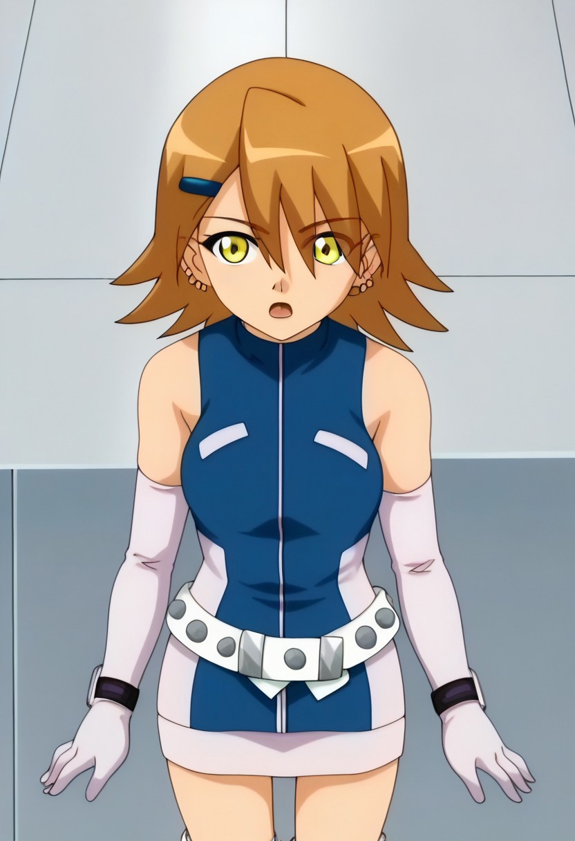 score_7, high_resolution, hyper_detail, finely_detailed,anime_screencap, traditional_media,detailed face,BREAK zPDXLx, mur4k4mi-ip,taylor /(bakugan/),brainwashing,1girl,solo,gloves,brown hair,hair ornament,hairclip,yellow eyes,elbow gloves,open mouth,dress,jewelry,white gloves,earrings,boots,full body,eyes visible through hair,high heels,bare shoulders,bangs,short hair,short dress,sleeveless,medium hair,outstretched arm,upper body