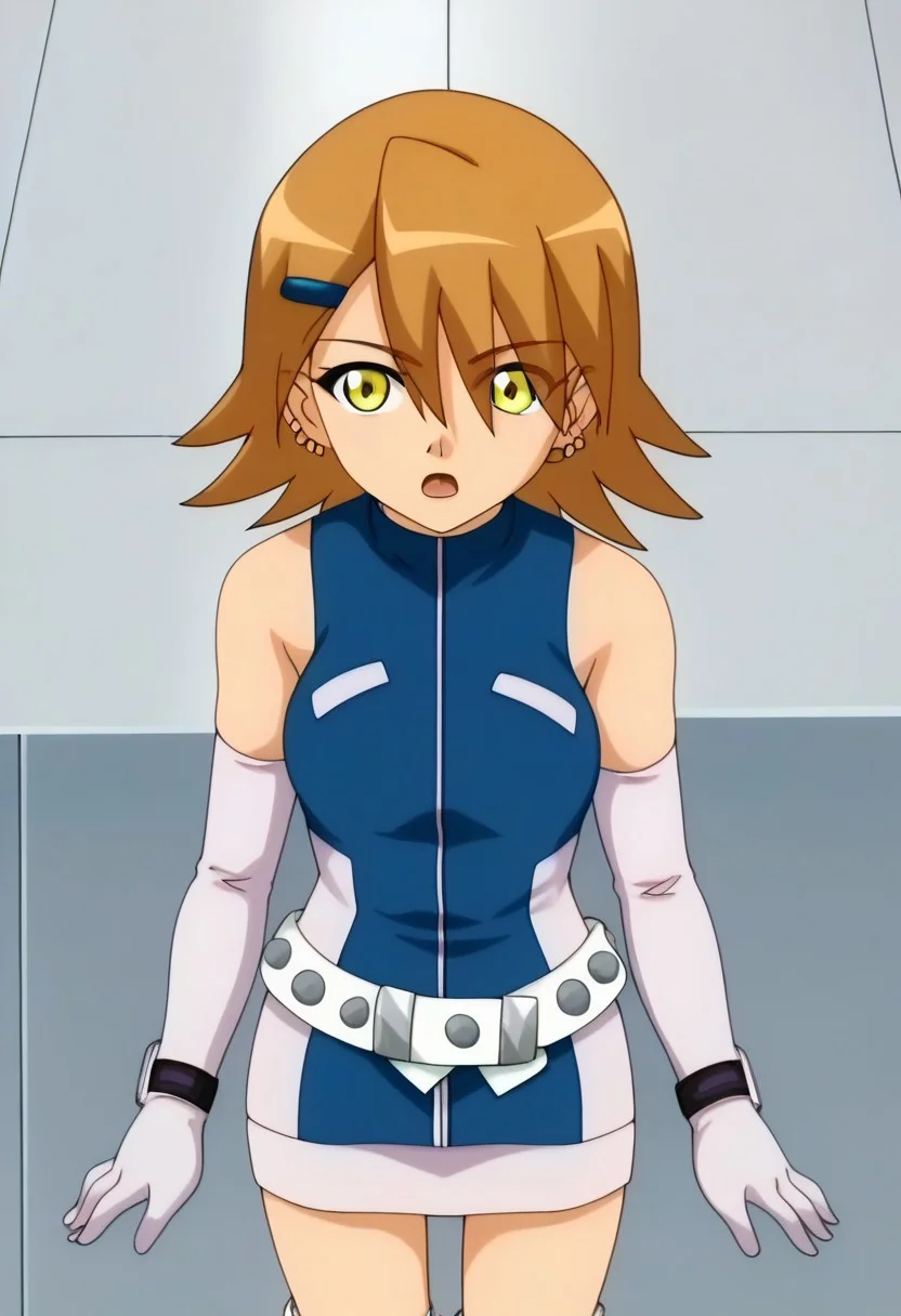 score_7, high_resolution, hyper_detail, finely_detailed,anime_screencap, traditional_media,detailed face,BREAK zPDXLx, mur4k4mi-ip,taylor /(bakugan/),brainwashing,1girl,solo,gloves,brown hair,hair ornament,hairclip,yellow eyes,elbow gloves,open mouth,dress,jewelry,white gloves,earrings,boots,full body,eyes visible through hair,high heels,bare shoulders,bangs,short hair,short dress,sleeveless,medium hair,outstretched arm,upper body