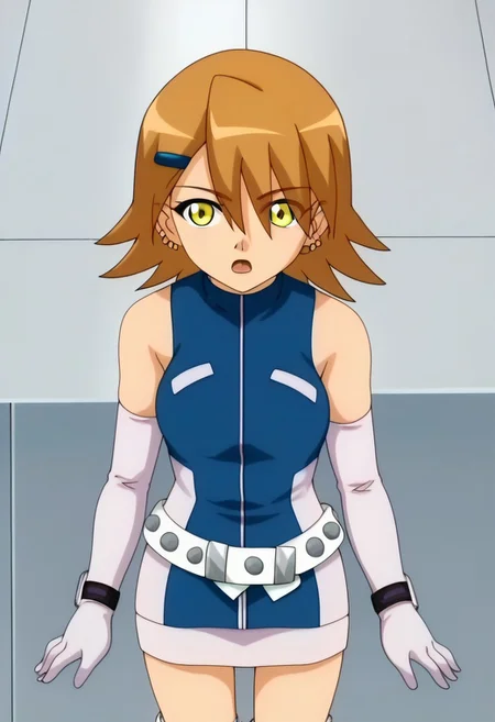 score_7, high_resolution, hyper_detail, finely_detailed,anime_screencap, traditional_media,detailed face,BREAK zPDXLx, mur4k4mi-ip,taylor /(bakugan/),brainwashing,1girl,solo,gloves,brown hair,hair ornament,hairclip,yellow eyes,elbow gloves,open mouth,dress,jewelry,white gloves,earrings,boots,full body,eyes visible through hair,high heels,bare shoulders,bangs,short hair,short dress,sleeveless,medium hair,outstretched arm,upper body
